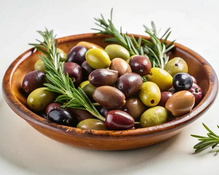 bol d'olives assorties avec des brindilles de romarin sur un fond blanc  © Wahuy_t - Freepix